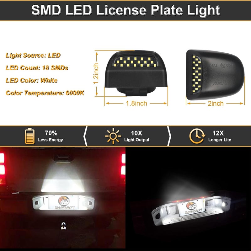 RAVSOFT LED License Plate Light tag lamp Assembly For 1999-2013 Chevy Silverado GMC Sierra 1500 2500 3500 Avalanche Suburban Tahoe Yukon Black housing 6000K White, Pack of 2 - Image 2
